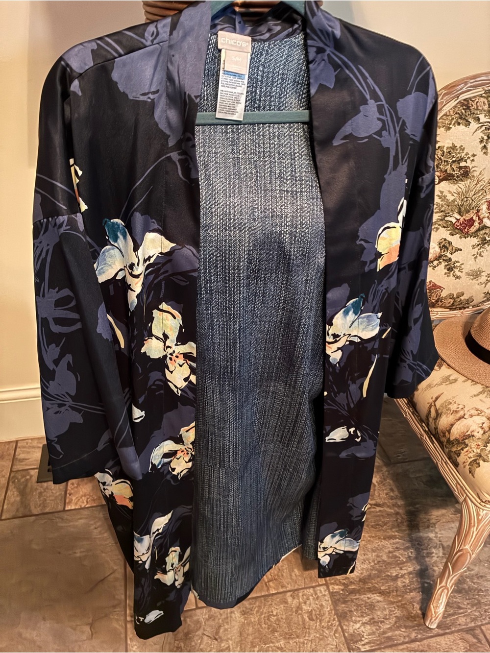 Chico's Navy Floral Satin Drape Jacket with Cream & Blue Accents